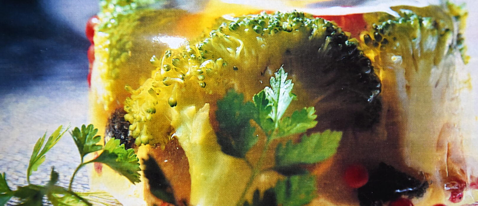 Soft-Boiled Eggs And Broccoli Florets In Jelly