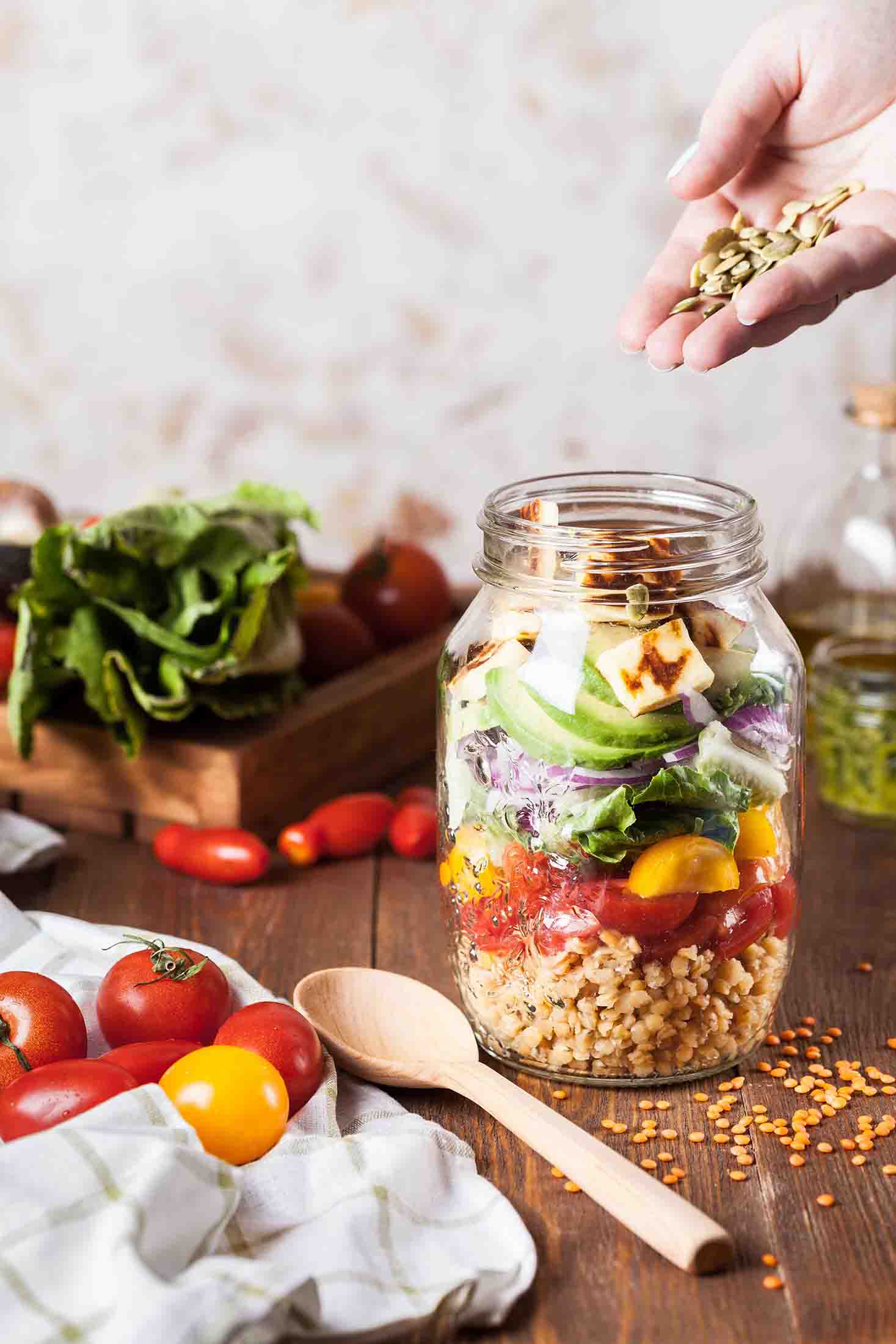 Lentil salad with fried cheese